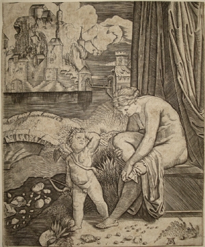 Venere si asciuga uscita dal bagno con Cupido - Agostino Musi (probabilmente) da Marcantonio Raimondi da Raffaello